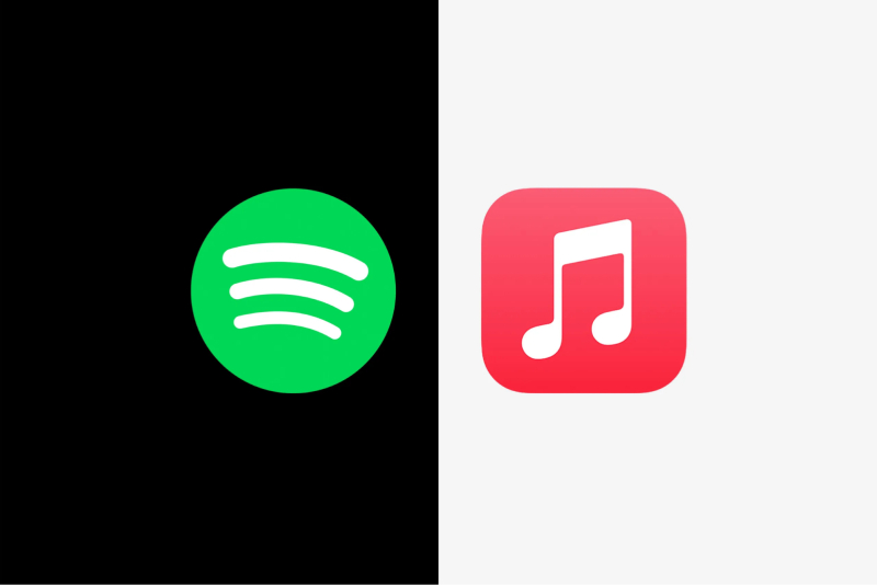 Logo Spotify và Apple Music trên nền trắng đen