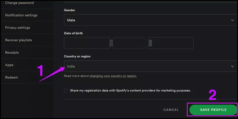 Trang hồ sơ Spotify hiển thị phần thay đổi quốc gia và nút “Save profile”