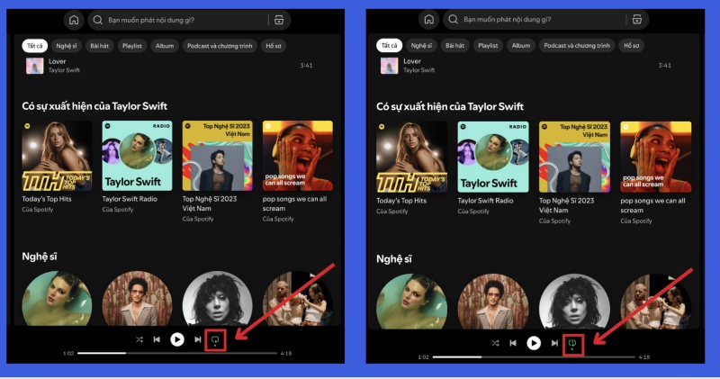 Biểu tượng thiết bị phát trên Spotify thay vì nút lặp lại