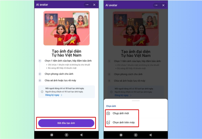 Giao diện chọn ảnh và bắt đầu tạo ảnh đại diện bằng Zalo AI Avatar