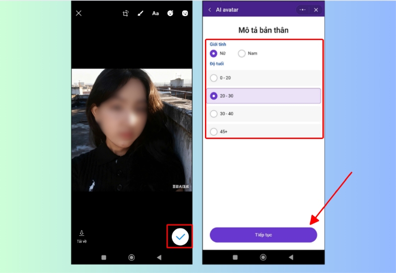 Tải ảnh chân dung và chọn giới tính, độ tuổi khi tạo avatar bằng AI
