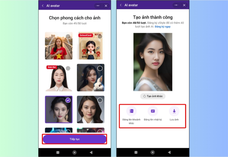 Chọn phong cách ảnh và lưu ảnh đại diện AI sau khi tạo thành công