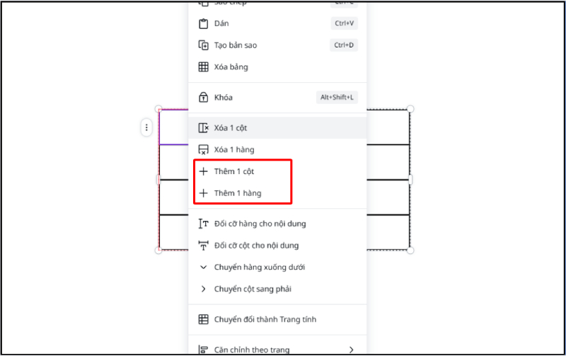 Thêm hàng hoặc cột mới trong bảng Canva trong menu