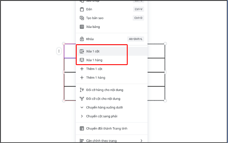 Xóa hàng hoặc cột trong bảng Canva trong menu