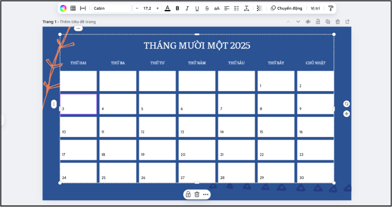 Mẫu lịch tháng hiển thị trong Canva với bố cục ô ngày tháng