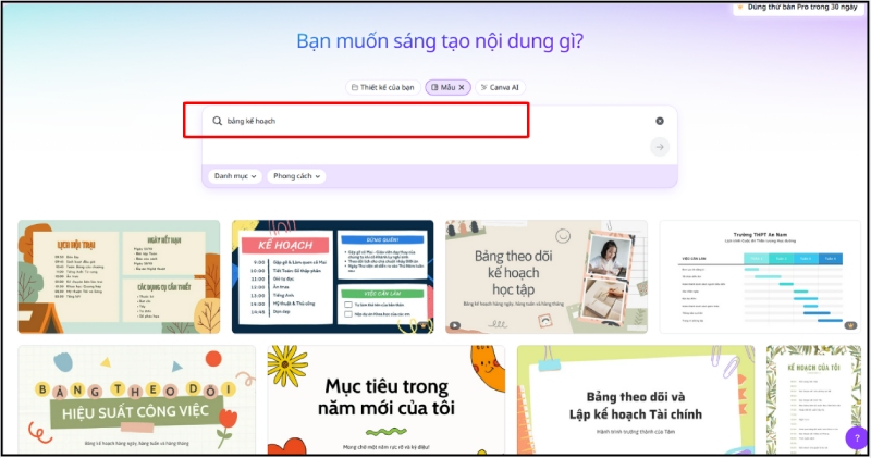 Tìm mẫu bảng kế hoạch bằng thanh tìm kiếm trong Canva