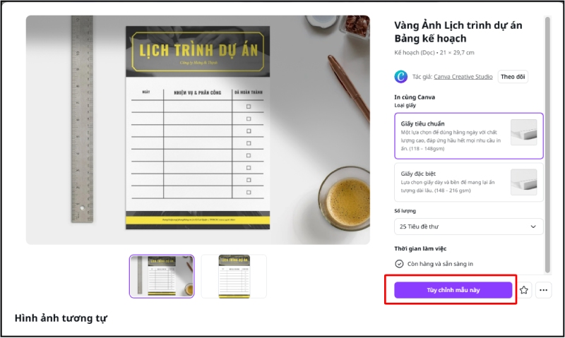 Mẫu bảng kế hoạch hiển thị kèm nút Tùy chỉnh mẫu này