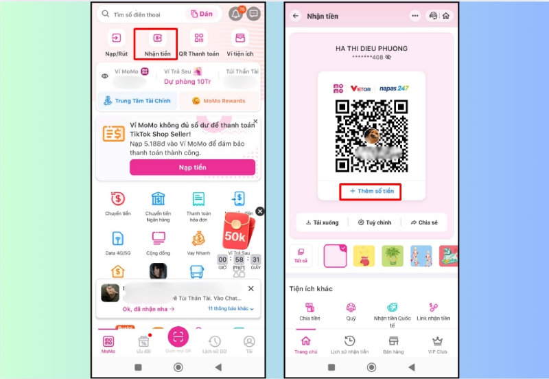 Chọn mục Nhận tiền để hiển thị mã QR thanh toán trên ví MoMo
