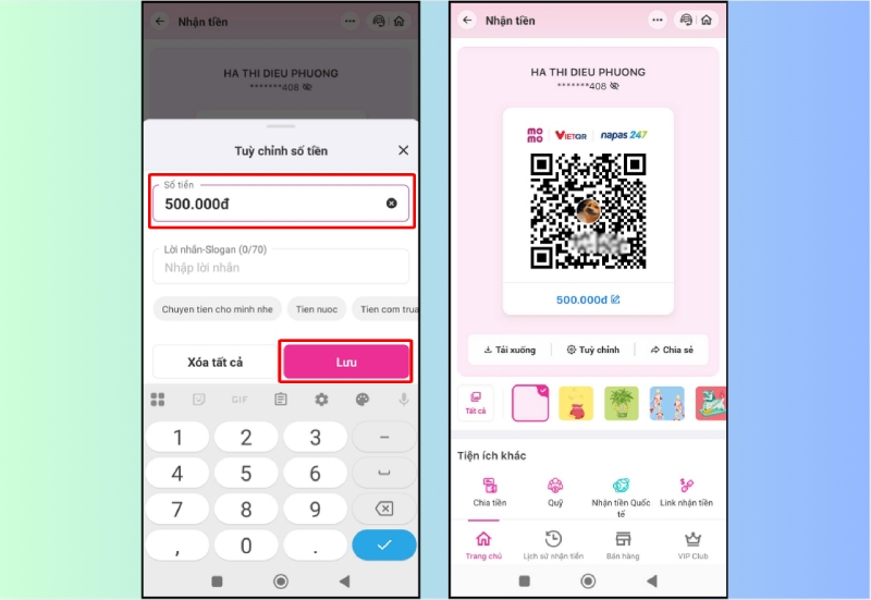 Tùy chỉnh và thêm số tiền thanh toán vào mã QR MoMo