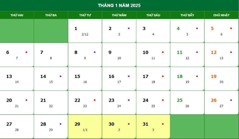 Thông tin chi tiết về lịch dương tháng 1 năm 2025 