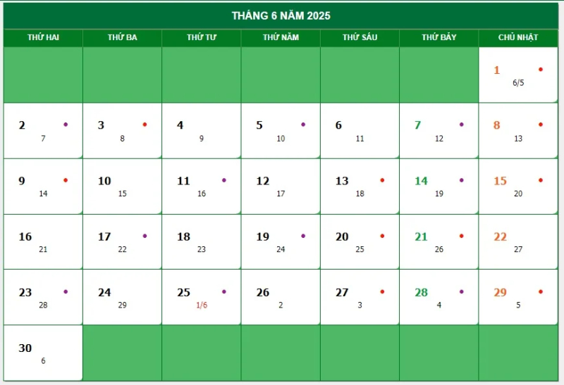 Chi tiết lịch âm và lịch dương tháng 6 năm 2025