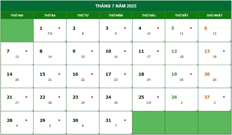 Lịch tháng 7 chi tiết lịch âm và lịch dương