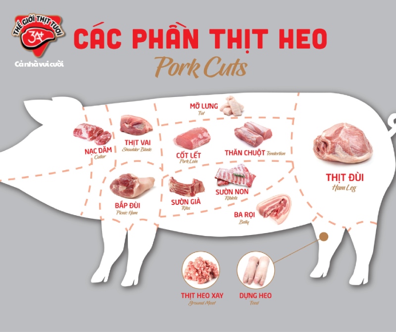 Sơ đồ minh họa các phần thịt heo