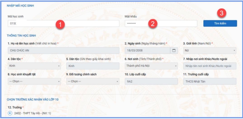 Chọn cấp học và một số thông tin