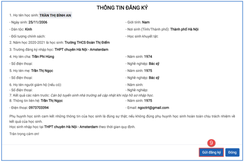 Mẫu thông tin đăng ký và chọn gửi đăng ký