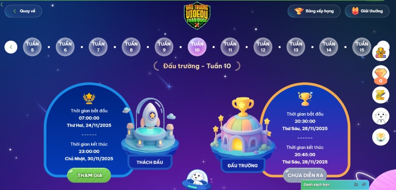 Giao diện đấu trường VioEdu tuần 10 với lịch thi thách đấu và đấu trường