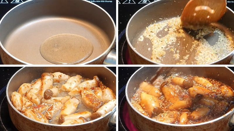 Kho nấm đùi gà trên chảo