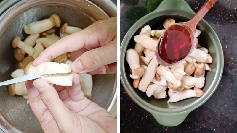 Cắt nhỏ nấm đùi gà và ướp gia vị