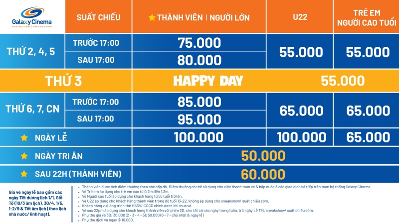 thông tin giá vé rạp Galaxy Cinema