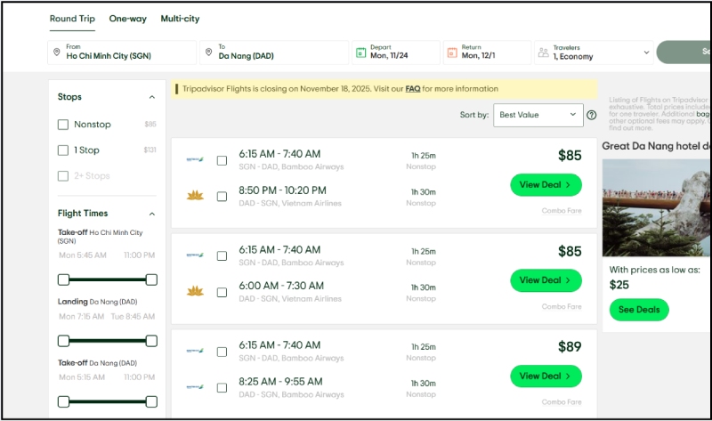 Giao diện Tripadvisor hiển thị giá vé máy bay