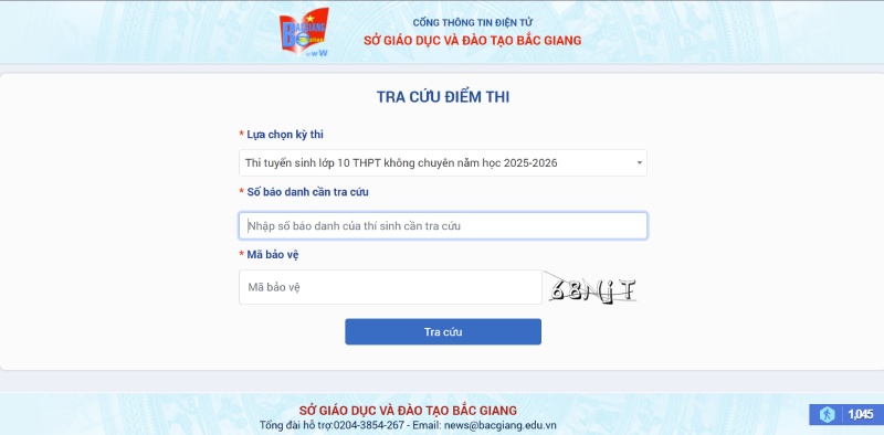 Trang website tra cứu điểm thi của Sở Giáo dục & Đào tạo Bắc Giang