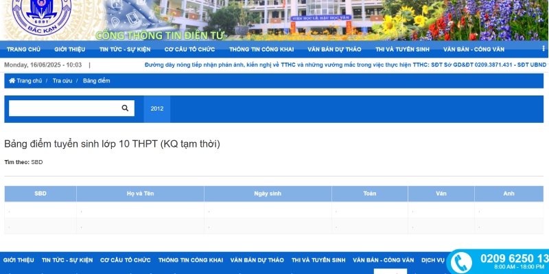 Giao diện tra cứu điểm của tỉnh Bắc Kạn