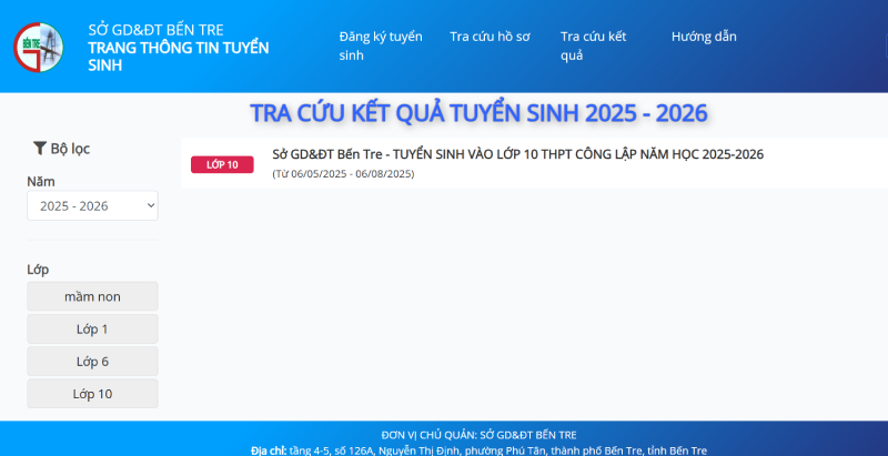 Giao diện tra cứu điểm thi tuyển sinh lớp 10 tỉnh bến tre
