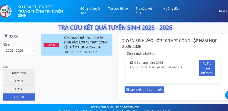 Thực hiện thao tác chọn năm học và thông tin lớp