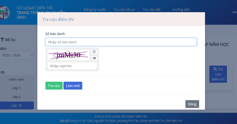 Nhập mã captcha và tra cứu điểm