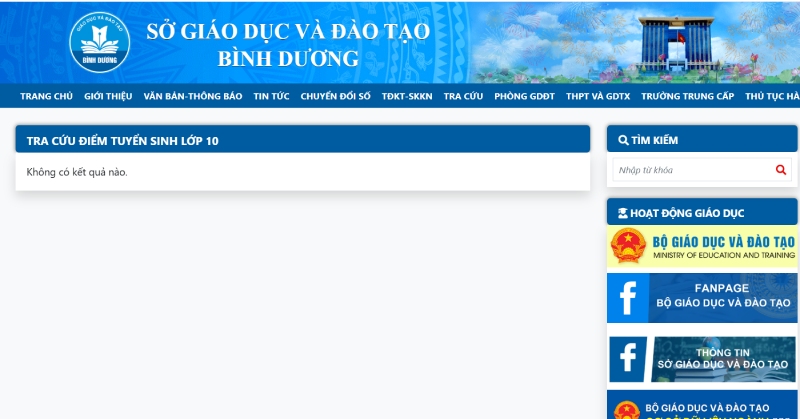 Giao diện website tra cứu điểm của tỉnh bình dương