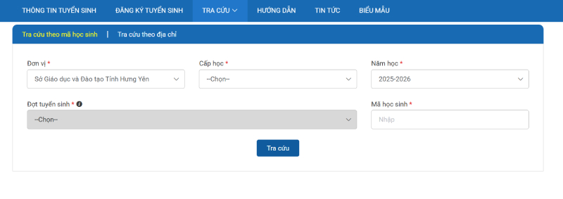 Giao diện tra cứu bao gồm 5 nội dung cần điền