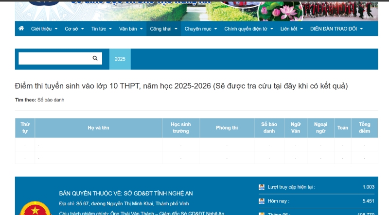 Giao diện tra cứu điểm thi tuyển sinh lớp 10 của Nghệ An