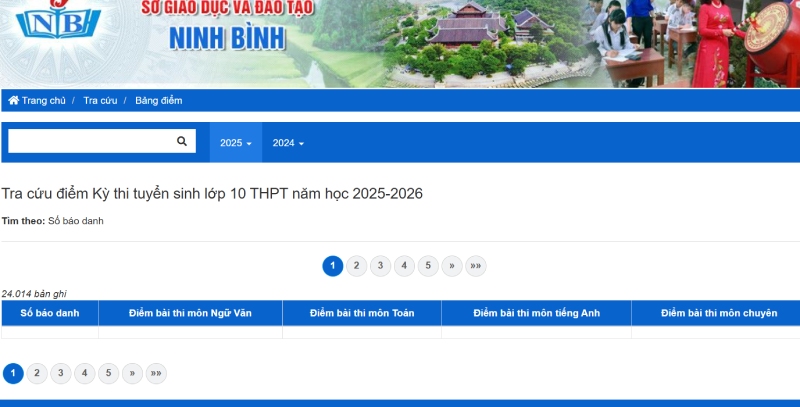 Giao diện tra cứu điểm thi tuyển sinh lớp 10 của tỉnh Ninh Bình