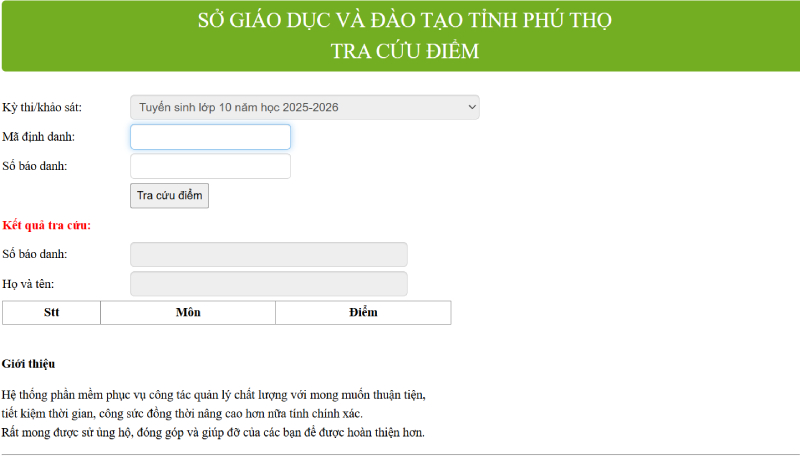 Giao diện tra cứu điểm thi của tỉnh