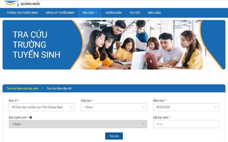 tra cứu thông tin thông qua mã học sinh