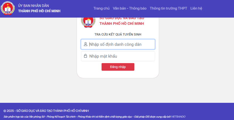 Giao diện tra cứu điểm thi tuyển sinh của Thành phố Hồ Chí Minh