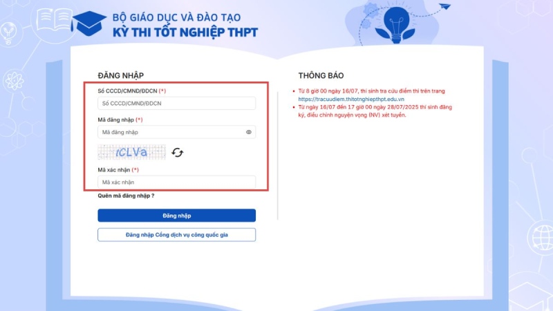 Trang chủ cổng thông tin thí sinh của Bộ GD&ĐT