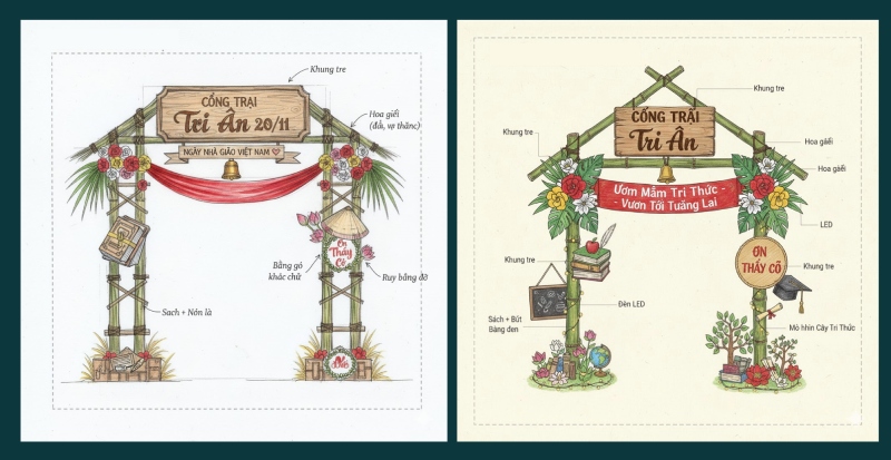 Bản vẽ cổng trại “Tri Ân 20/11” bằng tre, trang trí hoa giấy và sách