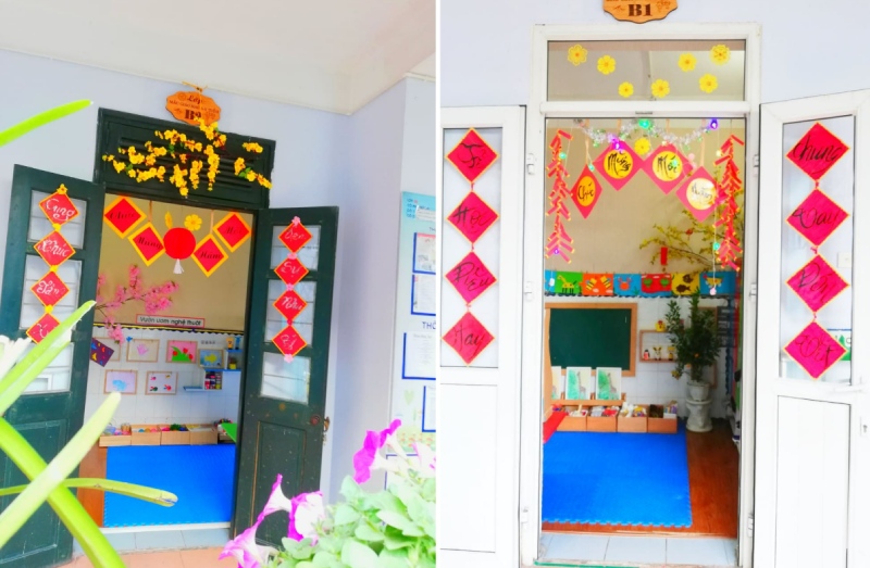 Trang trí lớp học Tết bằng câu đối đỏ