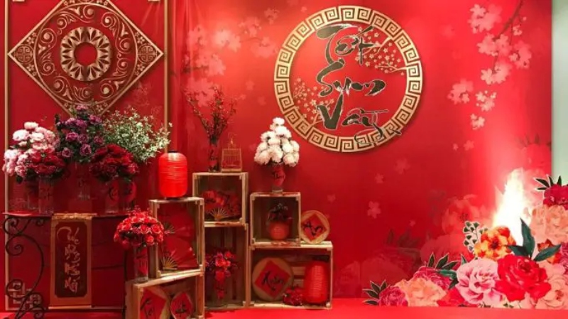 Trang trí lớp học bằng backdrop Tết