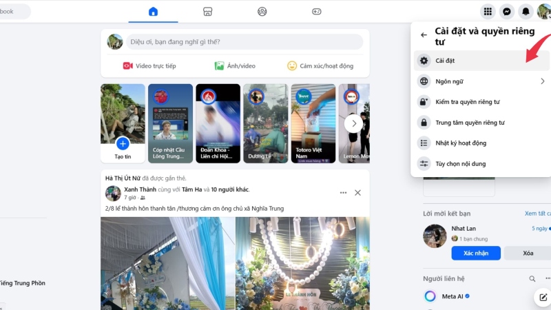 Hướng dẫn vào phần Cài đặt Facebook máy tính để tắt tự động phát video
