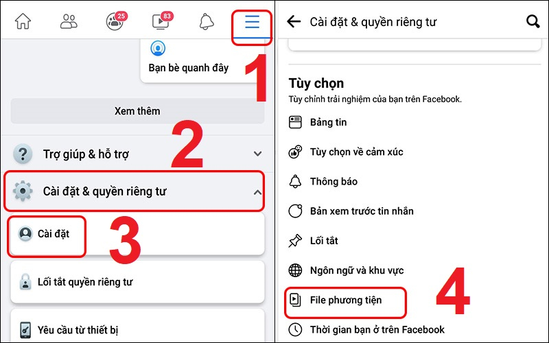 Các bước truy cập mục File phương tiện trong Facebook để chỉnh tắt tự động phát video