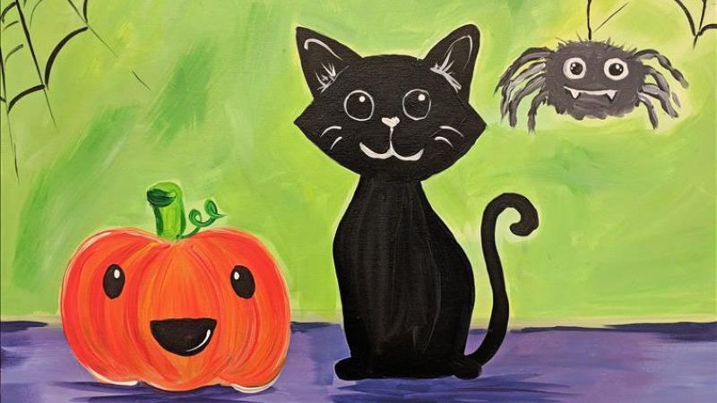 Tranh mèo đen, bí ngô và nhện trong khung cảnh Halloween