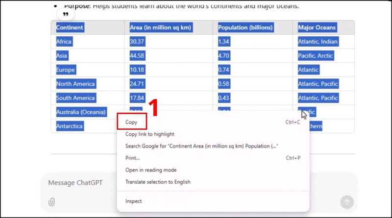 Tiến hành bôi đen bảng trong ChatGPT và nhấn Ctrl + C