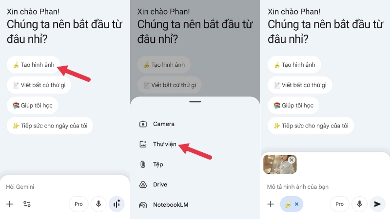 Hướng dẫn chọn tính năng tạo hình ảnh và tải ảnh tham chiếu lên ứng dụng Gemini