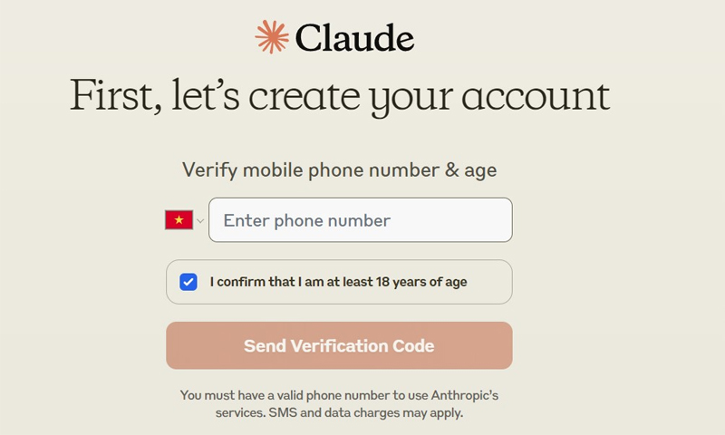 Chọn quốc gia Việt Nam, nhập số điện thoại