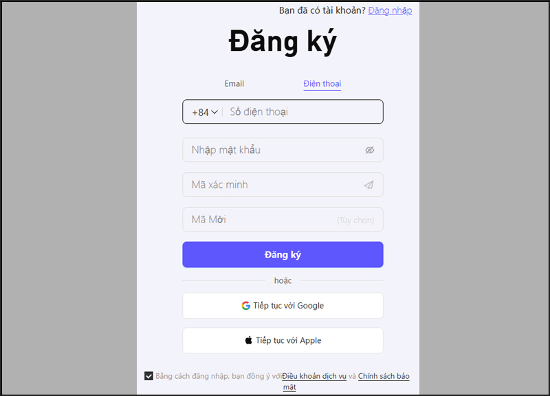 Chọn Đăng ký nếu chưa có tài khoản Agnes AI