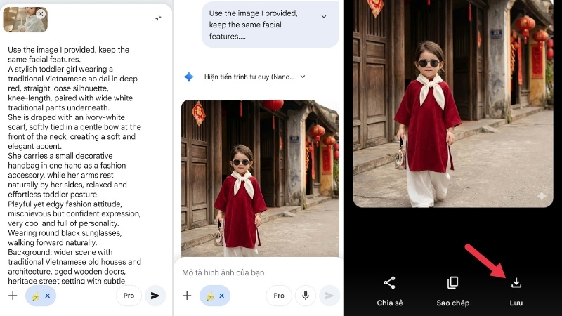 Kết quả tạo ảnh Tết cho bé bằng Gemini và hướng dẫn lưu ảnh về điện thoại