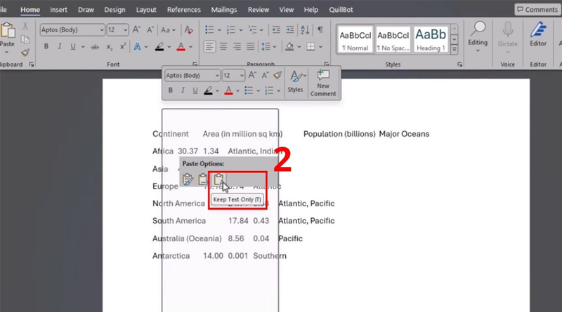 Nhấn chuột phải và chọn Keep Text Only trong Word