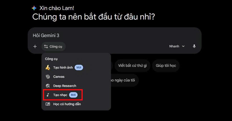 Chọn Tạo nhạc sau khi truy cập mục Công cụ 